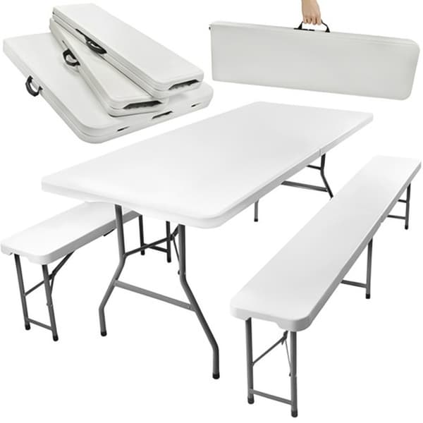 Sammenleggbart hagebord 180 cm + 2 benker White