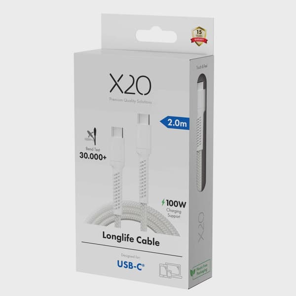 X2O Longlife 100W USB-C/C-kabel 2 m vit
