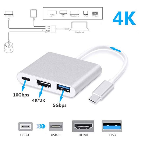 Thunderbolt 3 / Macbook USB-C -sovitin - HDMI & USB 3.0 White