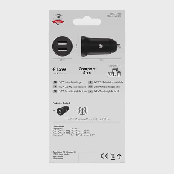 X2O 2x12W dubbel billaddare USB-A/A svart