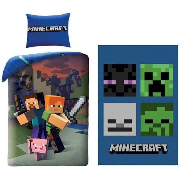 Bäddset med Minecraft Steve och Alex samt polarbäddtäcke