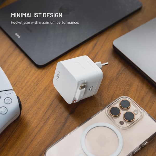 FIXED Supersnabb dubbel USB-C-laddare med utdragbar kabel 65W Vit