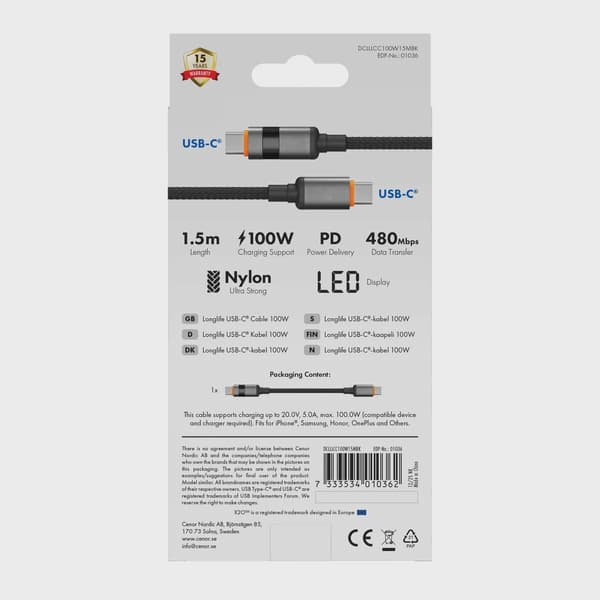 X2O Longlife LED-display 100W USB-C/C-kabel 1,5 m svart
