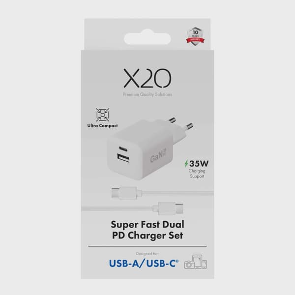 X2O 35 W dubbel hemmaladdarset USB-C/A med 1,2 m kabel GaN vit