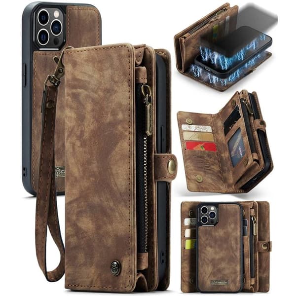 iPhone 12 Pro Max - Plånboksfodral med avtagbart skal & kortfack Brown