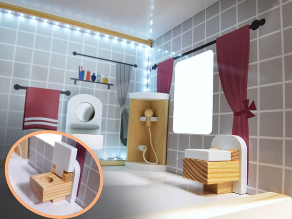MDF-dockhus i trä + möbler 78 cm svart LED