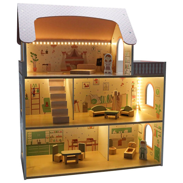 Trädockhus 70 cm rosa LED
