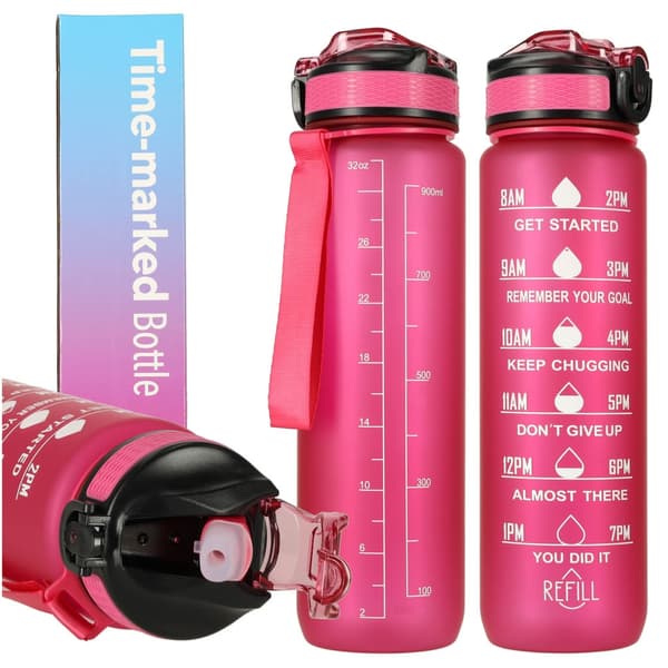 Vattenflaska med Sugrör & Tidsmarkör - 1L Rosa