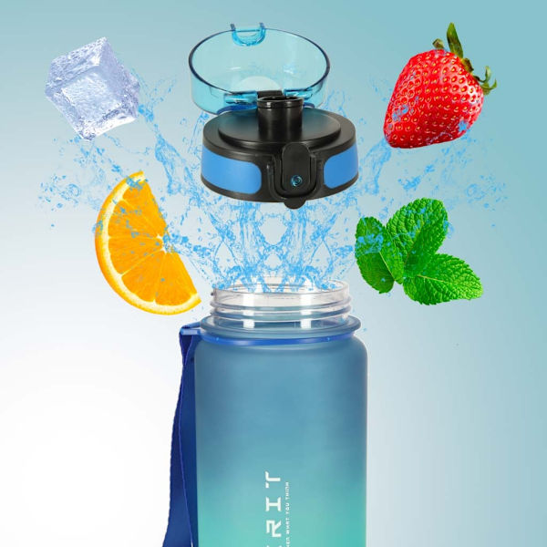 600ml Vattenflaska med Sugrör & Tidsmarkör Blue