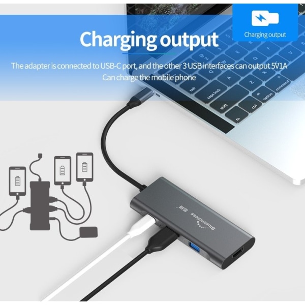Thunderbolt USB-liitäntään 3 portilla + HDMI + USB-C-sovitin Macbook Dark grey