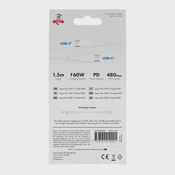 X2O SUPERFLEX 60W USB-C/C-kabel 1,5 m vit