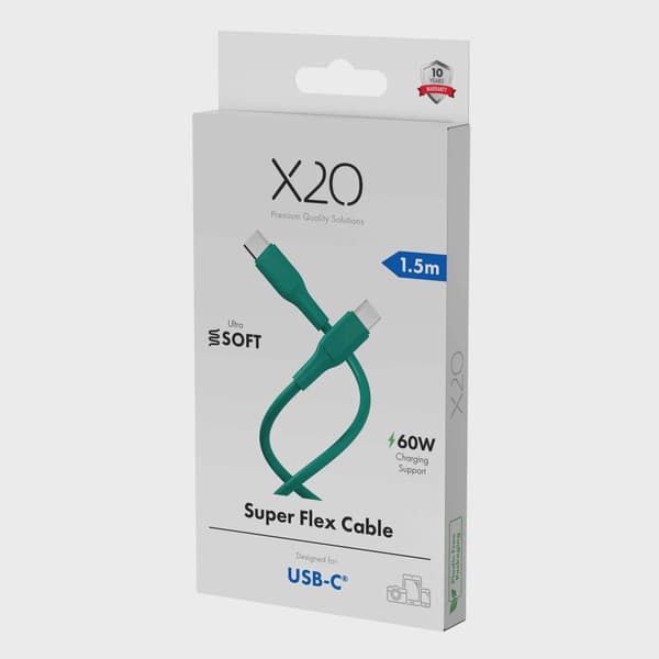 X2O SUPERFLEX 60W USB-C/C-kabel 1,5 m turkosgrön