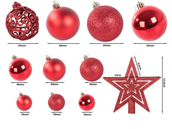 100-Pak Julekugler + Stjerne – Juledekoration Red