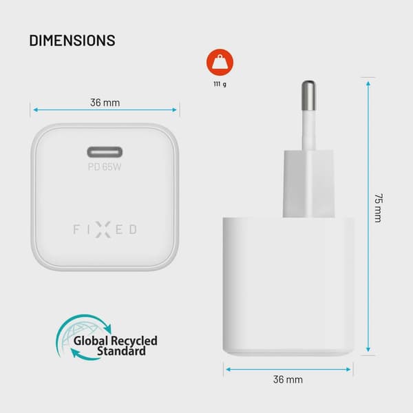 FIXED Super Snabb Mini Hemladdare USB-C PD 65W Vit