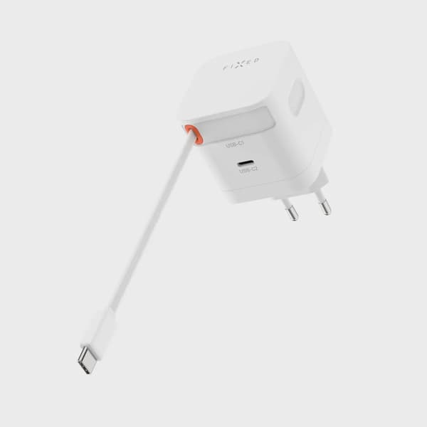 FIXED Supersnabb dubbel USB-C-laddare med utdragbar kabel 65W Vit