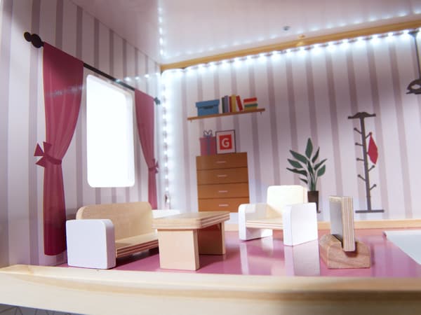 MDF-dockhus i trä + möbler 78 cm svart LED