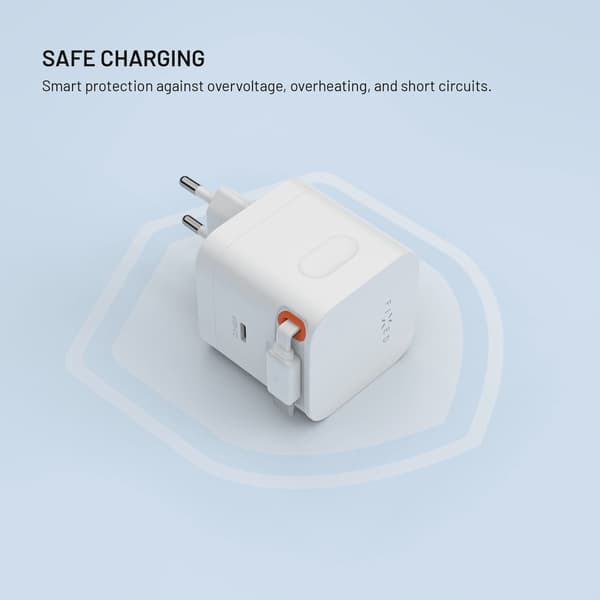 FIXED Supersnabb dubbel USB-C-laddare med utdragbar kabel 65W Vit