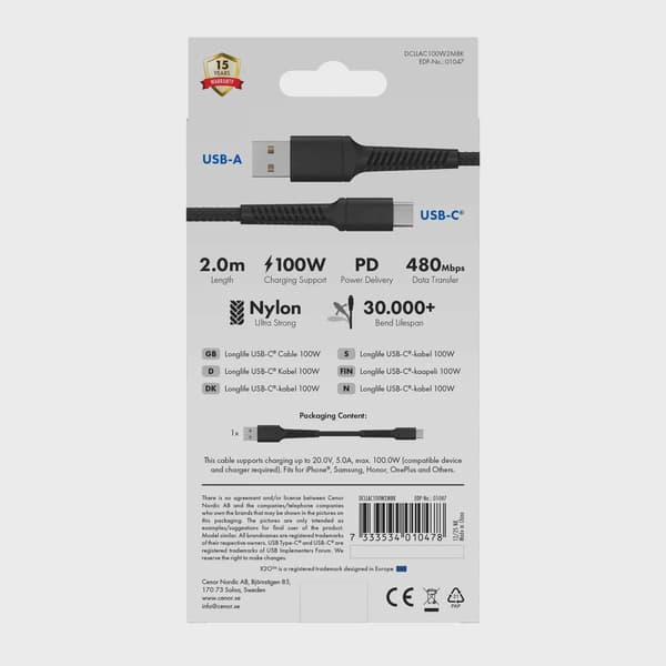 X2O Longlife 60W USB-A/C-kabel 2 m svart