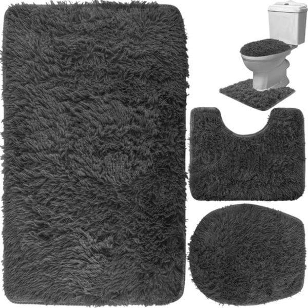3-Deler - Baderomsmatte Sett - Matte til Baderom / Toalett Grey