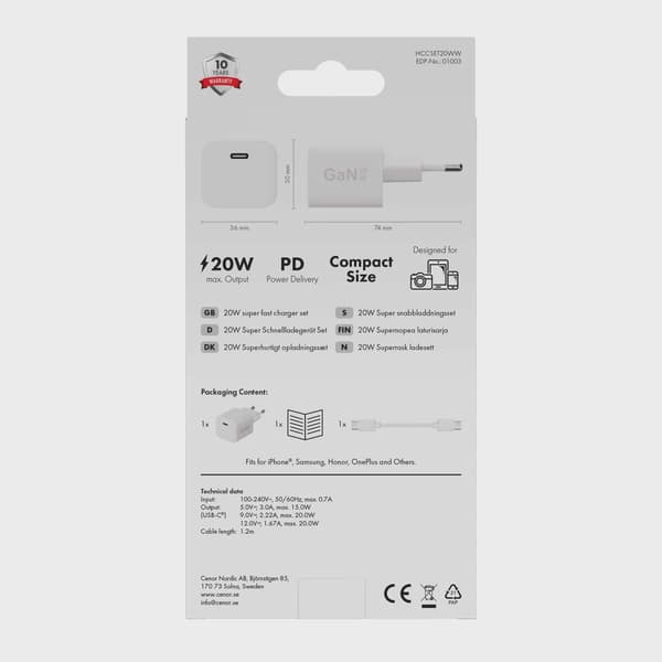 X2O 20W hemmaladdare USB-C med 1,2 m kabel GaN Vit