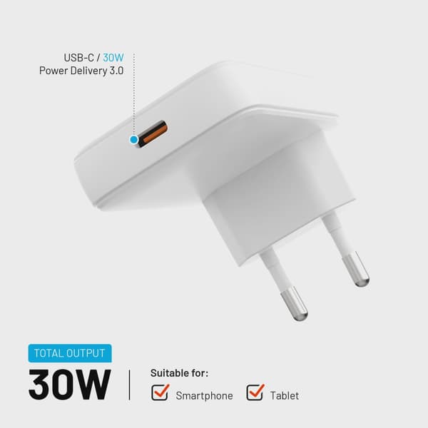 FIXED Slim GaN 90 Super Snabb 1x USB-C laddare 30W Vit