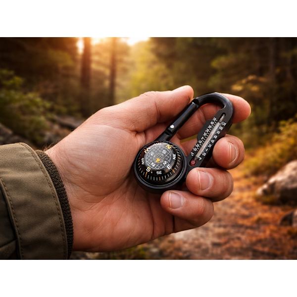 Kompass med karbinhake termometer