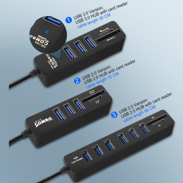 USB 2.0 Hub med kortlæser - 6-ports - Flere farver Black