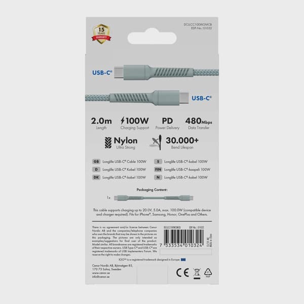 X2O Longlife 100W USB-C/C-kabel 2 m molnblå