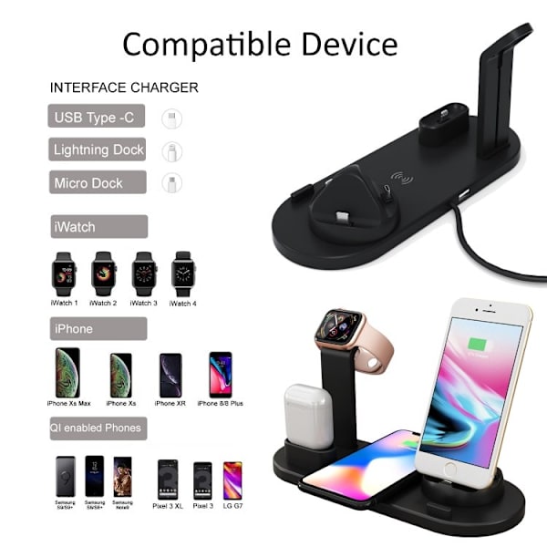 Ladestasjon for mobil, Apple Watch og AirPods - induksjon Black