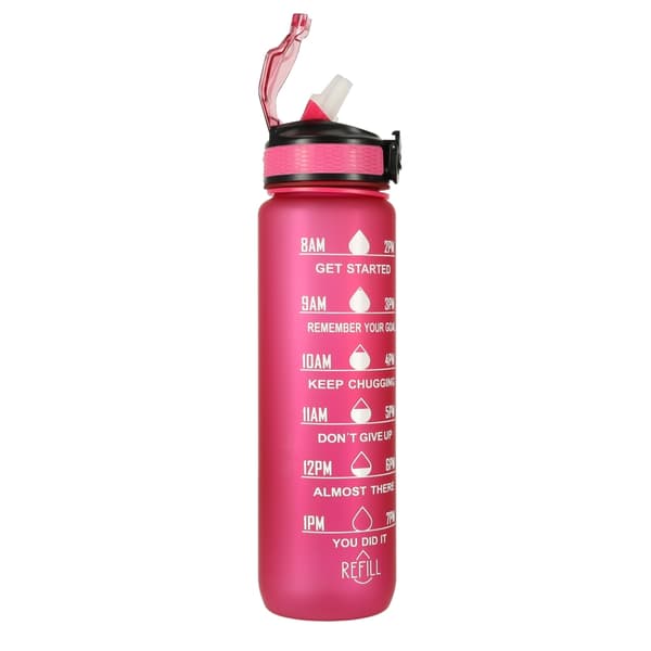 Vattenflaska med Sugrör & Tidsmarkör - 1L Rosa