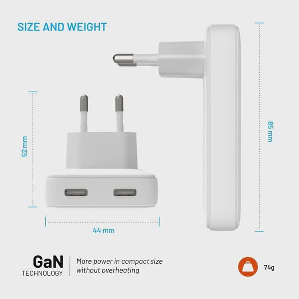 FIXED Slim GaN 90 Super Snabb 2x USB-C laddare 45W Vit