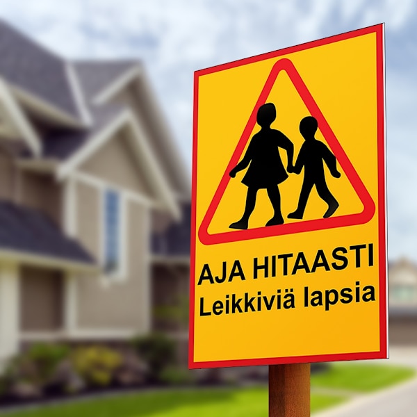 Aja hitaasti leikkiviä lapsia - Kyltti / Varoitusmerkki - Liikennemerkit MultiColor 1-kpl (FI)
