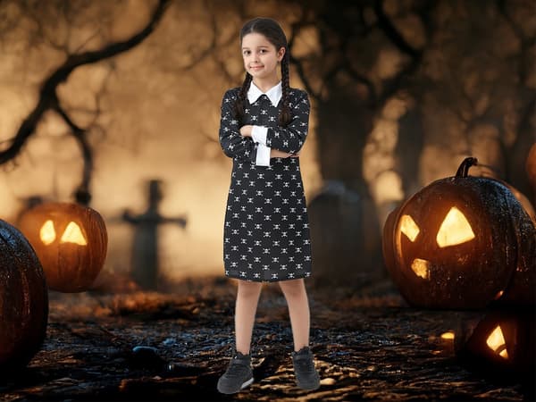 Klänning wednesday addams kostym barn halloween förklädnad 145