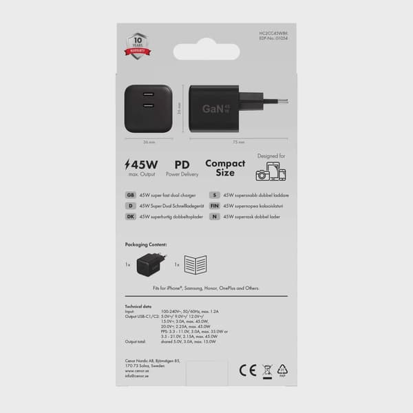 X2O 45W dubbel hemmaladdare USB-C/C GaN svart