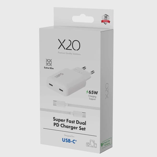 X2O 65W Dual SLIM hemmaladdarset USB-C/C GaN 1.5m vit