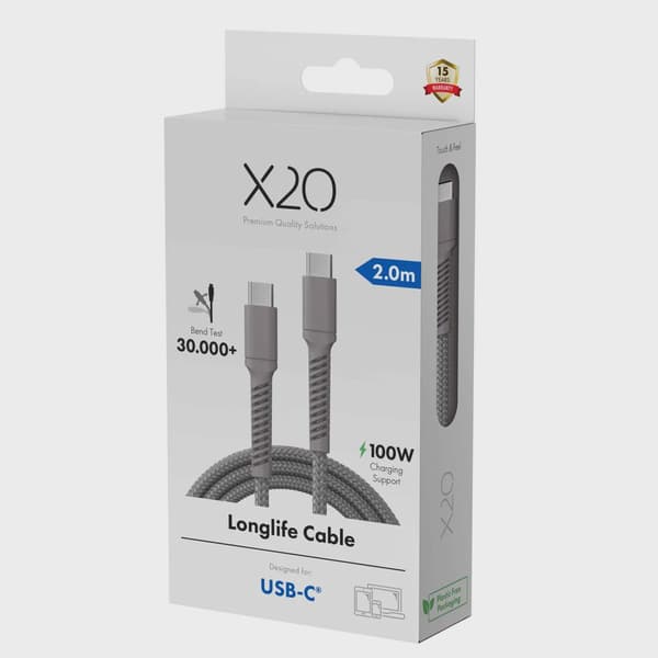 X2O Longlife 100W USB-C/C-kabel 2 m titangrå