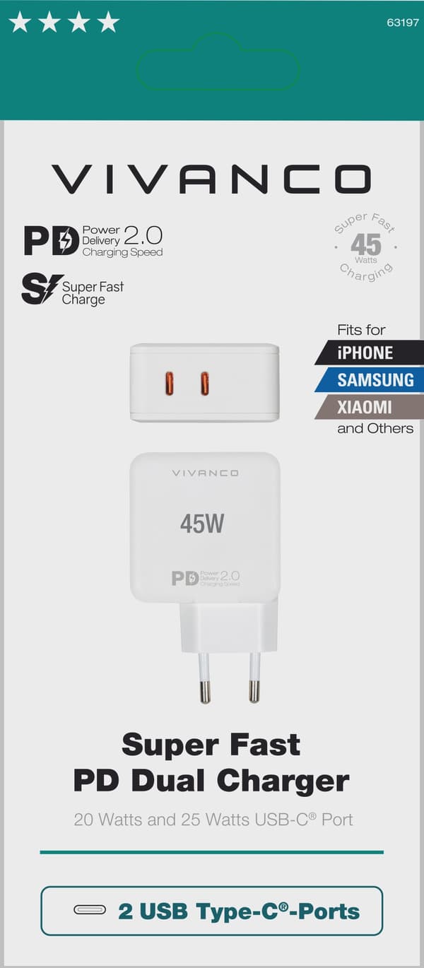 Vivanco Supersnabb 45W Dubbel Hemladdare Vit