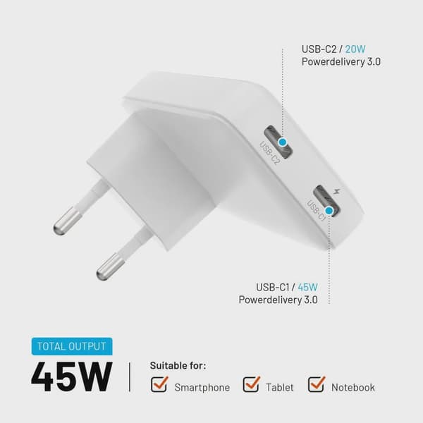 FIXED Slim GaN 90 Super Snabb 2x USB-C laddare 45W Vit