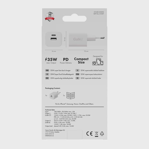 X2O 35W dubbel hemmaladdare USB-C/A GaN vit