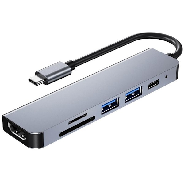 6-i-1 USB-C Hubb Adapter - HDMI, SD, TF, PD, USB 3.0 grå