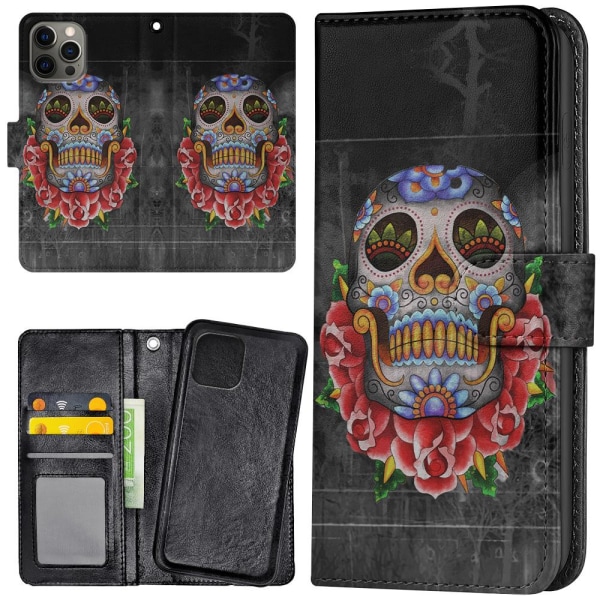 iPhone 13 Pro Max - Wallet Case Flowers Skull Multicolor