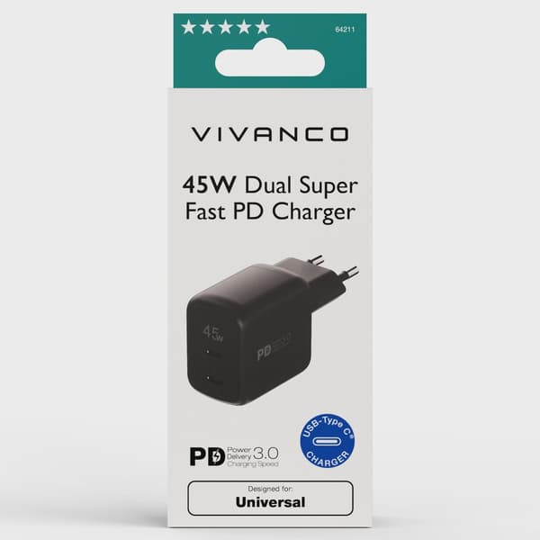 Vivanco Supersnabb 45W Dubbel Hemladdare Svart