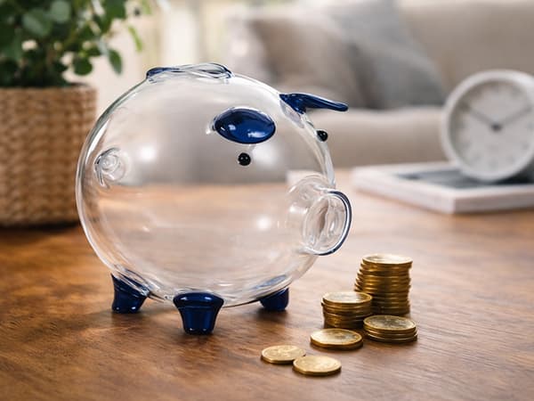 Spargris glas liten Blå