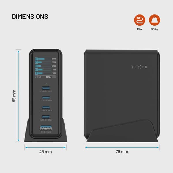 FIXED Super Snabb GaN Desktop Laddare 140W 4xUSB-C/USB-A