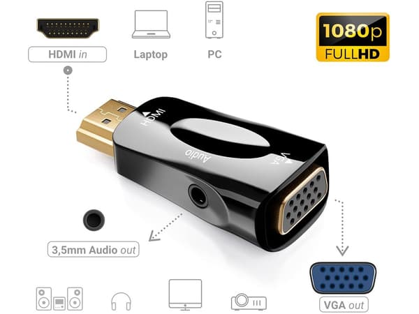 HDMI til VGA Adapter med 3.5mm AUX