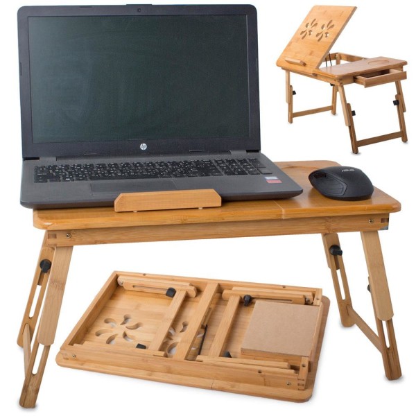 Laptopstativ / Laptopbord med skuff - Justerbar høyde og sammenleggbar Beige