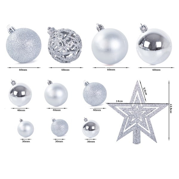 100-Pak Julekugler + Stjerne – Juledekoration Silver