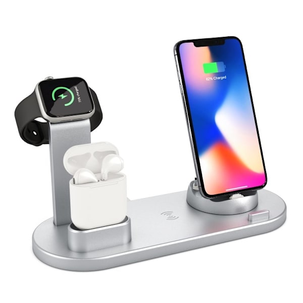 Laddningsstation för Mobil, Apple Watch & AirPods - Induktion Silver