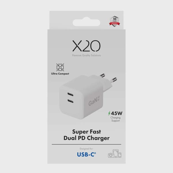 X2O 45W dubbel hemmaladdare USB-C/C GaN vit