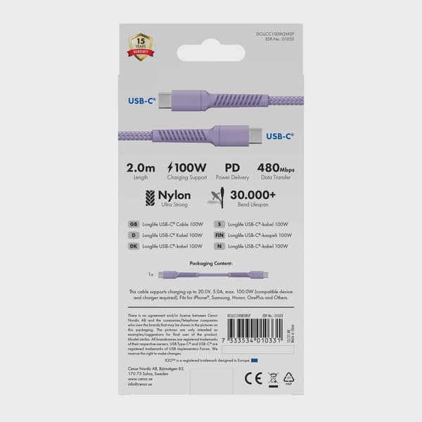X2O Longlife 100W USB-C/C-kabel 2 m lavendel